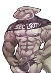  anthro biceps big_muscles bouncer bulge clothing cursedmarked fangs fin fish fishmen grey_skin grin jockstrap looking_at_viewer male marine muscles nipples pecs penis pepsi_(fa) pose presenting scales security shark shirt shirt_lift solo speedo standing swimsuit teeth toned underwear vein veiny_penis 