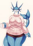  big_breasts blush breasts coffee cup dragon female fins flukes huge_breasts looking_at_viewer mrsk mug purple_eyes skirt solo sweater thick_thighs wide_hips 