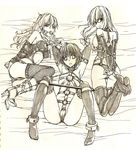  3girls angry armbinder arms_behind_back ass ball_gag bdsm body_harness bondage boots bound collar crotch fish.boy gag gagged glasses harness head_harness high_heel_boots high_heels highres long_hair monochrome multiple_girls nipple_piercing nipple_rings piercing pixiv_manga_sample resized short_hair spreader_bar 