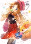  bag black_legwear blonde_hair bow eating fennekin gen_6_pokemon handbag hat heart heart-shaped_pupils long_hair namie-kun pleated_skirt pokemon pokemon_(creature) pokemon_(game) pokemon_xy serena_(pokemon) skirt sleeveless sunglasses symbol-shaped_pupils thighhighs 