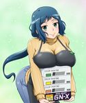  akanerun apron bad_id bad_pixiv_id blue_hair breast_rest breasts carried_breast_rest denim green_eyes gundam gundam_build_fighters haro_button_badge iori_rinko jeans large_breasts leaning_forward long_hair mature pants ponytail ribbed_sweater smile solo sweater very_long_hair 