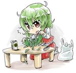  1girl bag beer_can can controller edamame_(food) green_hair kazami_yuuka kujira_lorant long_sleeves looking_down no_shoes open_mouth pea_pod plaid plaid_skirt plaid_vest red_eyes remote_control ripping seiza shadow shopping_bag short_hair simple_background sitting skirt solo table touhou vest white_background 