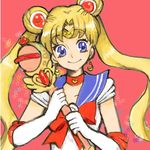  bishoujo_senshi_sailor_moon blonde_hair blue_eyes blue_sailor_collar bow chocolive choker cutie_moon_rod double_bun earrings elbow_gloves gloves holding holding_wand jewelry long_hair red_background red_bow red_choker sailor_collar sailor_moon sailor_senshi_uniform simple_background smile solo star tsukino_usagi twintails wand white_gloves 
