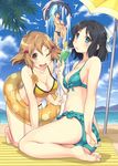  2girls ass barefoot beach beach_umbrella bikini black_hair blush bow breasts brown_eyes brown_hair cleavage day drink drinking eyebrows facial_hair food frilled_bikini frills fruit goatee green_eyes hair_bow hair_ornament hairclip highres innertube itoichi. jumping kazanari_genjuurou kohinata_miku lemon lemon_slice long_hair loose_necktie mat medium_breasts multiple_girls necktie one_eye_closed open_mouth palm_tree ponytail punching red_hair sand senki_zesshou_symphogear shark shiny shiny_skin short_hair smile swimsuit tachibana_hibiki_(symphogear) thigh_gap tree twisted_torso umbrella v very_long_hair yellow_eyes 