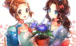  blue_hair brown_hair flower green_hair hair_bun hairband long_hair mother_(pokemon) mother_bw2_(pokemon) mother_bw_(pokemon) multiple_girls namie-kun pokemon pokemon_(game) pokemon_bw pokemon_bw2 