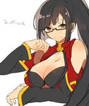  bare_shoulders black_eyes black_hair blazblue breasts cleavage cleavage_cutout glasses hita_(hitapita) large_breasts litchi_faye_ling open_clothes ponytail solo white_background 