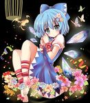  arm_ribbon barefoot bird blue_dress blue_eyes blue_hair blush bow bug butterfly cirno dress flower hair_bow hair_ornament hairclip highres ice ice_crystal ice_wings insect leg_ribbon looking_at_viewer puffy_sleeves ramudia_(lamyun) ribbon shirt short_sleeves solo touhou wings 