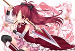  bad_id bad_pixiv_id black_legwear blush boots bow flower food hair_bow kapuchii long_hair looking_at_viewer magical_girl mahou_shoujo_madoka_magica mouth_hold pocky polearm ponytail red_eyes red_hair sakura_kyouko skirt solo spear thighhighs weapon 