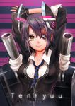  arms_behind_head arms_up character_name checkered checkered_neckwear eyepatch fingerless_gloves gloves headgear kantai_collection looking_at_viewer mecha_musume necktie purple_hair school_uniform short_hair smile solo tenryuu_(kantai_collection) tsubasa19900920 yellow_eyes 