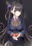  1girl absurdres bangs blazer blue_jacket box brown_hair closed_mouth collared_shirt eyebrows_visible_through_hair fate/grand_order fate_(series) fingernails gift gift_box grey_skirt hair_between_eyes highres holding holding_gift jacket long_hair long_sleeves looking_at_viewer murasaki_shikibu_(fate) necktie pink_neckwear pleated_skirt purple_eyes shirt skirt sleeves_past_wrists solo sweater_vest tears trembling twitter_username tyone very_long_hair wavy_mouth white_shirt 