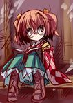  book checkered checkered_shirt glasses hair_bobbles hair_ornament hemogurobin_a1c looking_at_viewer motoori_kosuzu pink_eyes pink_hair reading shirt sitting sketch skirt smile solo touhou two_side_up 