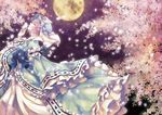  blue_dress bug butterfly cherry_blossoms closed_eyes dress full_moon hat highres insect kyoma_(yellowxcake) long_sleeves moon petals pink_hair saigyouji_yuyuko sash sky solo touhou tree triangular_headpiece veil wide_sleeves 