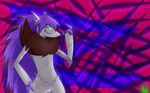  abstract_background anthro backround bipedal digital_media_(art) dyed_hair ear_piercing fingerless_(marking) front_view fur glowing green_eyes grey_fur grin hair half-length_portrait hand_on_hip hoop_earring looking_at_viewer neck_ruff nintendo nude nullo piercing pointy_ears pok&#233;mon pok&eacute;mon purple_hair purple_markings raised_hand red_fur red_highlights side_view signature snout solo standing three-quarter_view video_games wallpaper xingscourge zoroark 