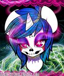  equine eyelashes face_tattoo female feral friendship_is_magic fur glowing glowing_eyes hair horn horse long_hair looking_at_viewer mammal monstrenoir musical_note my_little_pony pony purple_eyes skull solo spider_web tattoo unicorn vinyl_scratch_(mlp) white_fur 