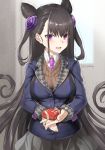  1girl bangs blazer blue_jacket blurry blurry_background box brown_hair collared_shirt commentary_request depth_of_field eyebrows_visible_through_hair fate/grand_order fate_(series) fingernails gift gift_box grey_skirt hair_between_eyes holding holding_gift jacket long_hair long_sleeves looking_at_viewer murasaki_shikibu_(fate) necktie open_mouth pink_neckwear pleated_skirt purple_eyes shirt skirt sleeves_past_wrists solo sweater_vest tears trembling twitter_username tyone upper_teeth very_long_hair white_shirt window 
