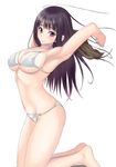  armpits arms_up barefoot bikini black_hair blush breasts kneeling large_breasts long_hair looking_at_viewer muffin_(sirumeria) o-ring o-ring_bottom o-ring_top original purple_eyes shiny shiny_skin simple_background skindentation smile solo swimsuit white_background white_bikini 