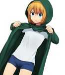  armin_arlert blonde_hair blue_eyes cloak gym_uniform hood hooded_cloak male_focus marimo_danshaku shingeki_no_kyojin short_shorts shorts solo 