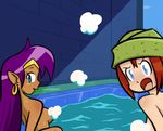  annoyed bathing blue_eyes breasts censored convenient_censoring crossover dark_skin earrings genderswap hair_down hoop_earrings jewelry josue_pereira long_hair looking_at_viewer multiple_girls nerf_now!! nude partially_submerged pointy_ears purple_hair red_hair shantae_(character) shantae_(series) short_hair steam steam_censor team_fortress_2 the_engineer tiara towel towel_on_head wet 