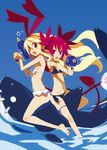  :d bare_legs barefoot bikini black_bikini blonde_hair breasts demon_girl demon_tail disgaea disgaea_d2 earrings etna fang flat_chest flonne flonne_(fallen_angel) groin hair_ribbon harada_takehito inflatable_orca inflatable_toy jewelry long_hair looking_at_viewer multiple_girls navel official_art open_mouth red_eyes red_hair ribbon side-tie_bikini sitting small_breasts smile swimsuit tail thigh_ribbon twintails very_long_hair water water_gun white_bikini 