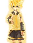  1boy arm_warmers blush child genda headphones kagamine_len leg_warmers looking_at_viewer male male_focus necktie outstretched_hand sailor_collar shirt short_hair shorts smile solo source_request standing t-shirt tie vocaloid 