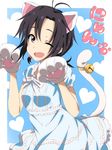  animal_ears antenna_hair bell black_eyes black_hair cat_ears cat_paws cat_tail fang heart hitotsuki_nanoka idolmaster idolmaster_(classic) kikuchi_makoto looking_at_viewer one_eye_closed open_mouth paw_pose paws short_hair solo tail tail_bell 