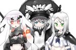  anchorage_hime blue_eyes bodysuit cape dress elbow_gloves eyebrows gengorou gloves green_eyes grey_hair hands_on_hips kantai_collection machinery midriff monster multiple_girls navel open_mouth pale_skin red_eyes sailor_dress shinkaisei-kan silver_hair ta-class_battleship turret white_hair wo-class_aircraft_carrier younger 