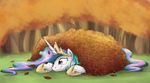  absurd_res autumn crown equine female feral friendship_is_magic fur hair happy hi_res horn horse leaves long_hair lying mammal multi-colored_hair my_little_pony on_front otakuap outside princess_celestia_(mlp) smile solo tree white_fur 