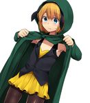  animal_ears armin_arlert black_legwear blonde_hair blush bunny_ears cloak crossdressing dress hood hooded_cloak male_focus marimo_danshaku otoko_no_ko pantyhose shingeki_no_kyojin solo usamin vest 