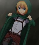  armin_arlert belt blonde_hair blue_eyes cloak hood hooded_cloak male_focus marimo_danshaku shingeki_no_kyojin solo suspenders 