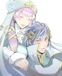  1girl blue_eyes blue_hair brother_and_sister closed_eyes commentary_request earrings est_tm fire_emblem fire_emblem_heroes fur_trim gradient_hair gunnthra_(fire_emblem) hair_ornament hat hrid_(fire_emblem_heroes) jewelry long_hair long_sleeves multicolored_hair open_mouth pink_hair short_hair siblings silver_hair simple_background veil white_background 
