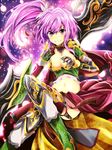  armor boots breasts cape cleavage feathers garter_straps highres large_breasts long_hair midriff navel original pink_hair side_ponytail solo tom_(drpow) 