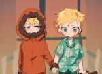  2boys blonde_hair blue_eyes blush gloves hand_holding hawaiian_shirt hood kenny_mccormick leopold_stotch male_focus multiple_boys nojiko_(natumag) parka shirt short_hair south_park tears yaoi 