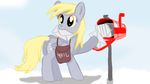  amber_eyes blonde_hair cutie_mark derpy_hooves_(mlp) equine female feral friendship_is_magic fur grey_fur hair jbond mammal mouth_hold my_little_pony pegasus postman postmare solo wings 