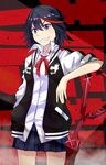  bad_id bad_pixiv_id blue_eyes grin ido_(teketeke) kill_la_kill matoi_ryuuko multicolored_hair school_uniform scissor_blade short_hair skirt smile sword teeth weapon 