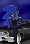  anthrofied blue_eyes blue_hair breasts car cleavage clothed clothing equine female friendship_is_magic hair headlights horn horse legwear mammal my_little_pony pony princess_luna_(mlp) sitting socks solo stockings winged_unicorn wings zev 
