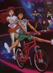  2boys 2guys 3girls azalyn bicycle brown_hair gym_shorts justy_ueki_tylor kim_kyung_hwa makoto_yamamoto multiple_boys multiple_girls musekinin_kanchou_tylor planet pointy_ears red_hair space uniform yuriko_star 