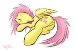  ambiguous_gender butt cutie_mark equine eyes_closed feathers feral floppy_ears fluttershy_(mlp) friendship_is_magic fur hair horse kejzfox long_hair mammal my_little_pony pegasus pink_hair plain_background pony signature sleeping solo white_background wings yellow_fur 