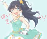  black_hair blue_eyes dress fang ganaha_hibiki gloves hair_ornament idolmaster idolmaster_(classic) long_hair mcyu microphone ponytail smile solo translated 