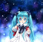  :o aqua_hair bad_id bad_pixiv_id blue_eyes blush bow breath coat dress eyebrows_visible_through_hair fur-trimmed_coat fur_trim hair_bow hatsune_miku long_hair looking_at_viewer looking_up mutou_mato night night_sky open_mouth pom_pom_(clothes) sky snowing solo twintails very_long_hair vocaloid white_dress younger 