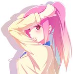  :3 adjusting_hair bad_id bad_pixiv_id hairband hood hoodie kuroko_no_basuke kurono_nekomaru momoi_satsuki mouth_hold pink_eyes pink_hair ponytail shadow solo 