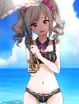  bare_shoulders beach bikini black_bikini black_gloves cloud daifuki day drill_hair gloves grey_umbrella hair_ribbon idolmaster idolmaster_cinderella_girls kanzaki_ranko long_hair looking_at_viewer navel ocean open_mouth outdoors red_eyes ribbon silver_hair single_glove smile solo swimsuit twin_drills twintails umbrella water 