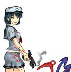  beretta_92 blood green_eyes gun handgun highres houjuu_nue locked_slide midriff murasa_minamitsu murder open_mouth pistol smile smoke smoking_gun solo_focus touhou weapon 