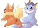  3_toes all_fours anus black_eyes blue_skin blush butt canid canine chest_tuft cute_fangs duo eeveelution female feral flareon fluffy fluffy_tail fur kesu_pu long_ears looking_back mammal nintendo open_mouth plump_labia pok&eacute;mon pok&eacute;mon_(species) pussy raised_tail rear_view red_fur simple_background snout spread_legs spreading tail_aside take_your_pick tan_fur toes tongue tuft vaporeon video_games white_background 