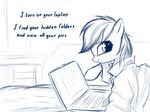  bed clothing computer english_text equine female feral friendship_is_magic hair horse laptop long_hair looking_at_viewer mammal monochrome my_little_pony pegasus plain_background pony rainbow_(artist) rainbow_dash_(mlp) shirt smile solo table text white_background wings 