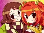  :3 bell brown_hair checkered futatsuiwa_mamizou futatsuiwa_mamizou_(human) hair_bell hair_ornament hairclip leaf looking_back motoori_kosuzu multiple_girls natane_tsuyu orange_hair scarf smile touhou two_side_up upper_body 