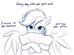  english_text equine female feral friendship_is_magic hair horse hug long_hair looking_at_viewer mammal monochrome my_little_pony pegasus pillow plain_background rainbow_(artist) rainbow_dash_(mlp) solo text white_background wings 