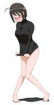  1girl barefoot black_hair blush breasts burakku-ra covering covering_crotch coyotegti embarrassed feet glasses large_breasts looking_at_viewer no_pants open_mouth servant_x_service short_hair simple_background sweater yamagami_lucy yamagami_lucy_kimiko_akie_airi_shiori_rinne_yoshiho_ayano_tomika_chitose_sanae_mikiko_ichika 