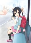  :d backpack bag bench black_eyes black_hair highres k-on! kneehighs masamuuu nakano_azusa open_mouth pov randoseru recorder_case shoes short_hair short_twintails sitting skirt smile sneakers twintails waving younger 