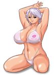  1girl arm_up bikini black_eyes breasts christie christie_(doa) cleavage dead_or_alive large_breasts short_hair smile solo sugata_(artist) swimsuit tecmo white_hair 