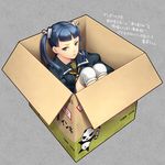  :&lt; alternate_eye_color ascot bangs black_hair black_sailor_collar blue_eyes blunt_bangs box cardboard_box closed_mouth frown grey_background gyakuten_saiban gyakuten_saiban_5 hair_ornament in_box in_container kayu knee_pads long_sleeves looking_at_viewer panda paperclip puffy_sleeves sailor_collar school_uniform simple_background sitting solo spoilers striped tsurime twintails uniform uwasa_atsume v-shaped_eyebrows vertical_stripes 